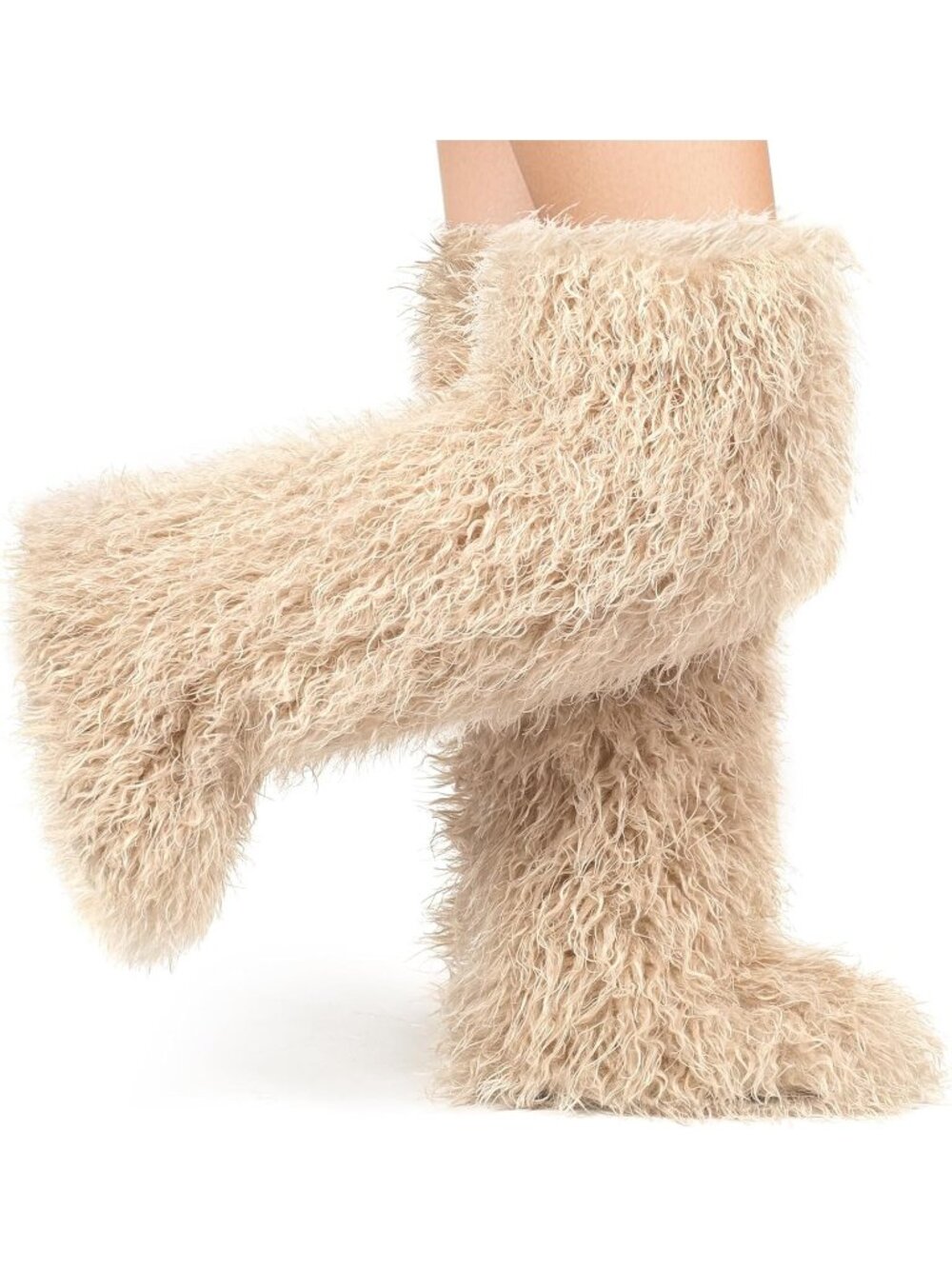 Women's Beige Shaggy Faux Furry Fuzzy Fluffy Flat Knee-High Slouchy Snow Boot
